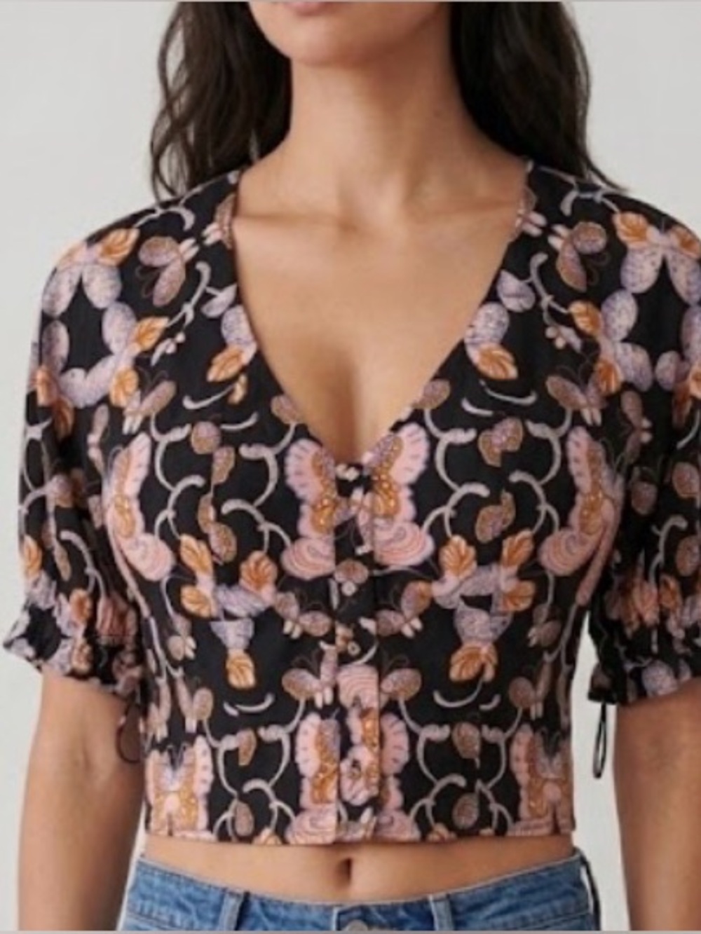 Rose + Olive Butterfly‎ Print Puff Sleeve Crop Top Blouse Black Pink Orange M